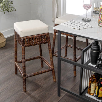 Bali Rustic Bohemian Hyacinth/Wood Backless Counter Stool - JONATHAN Y